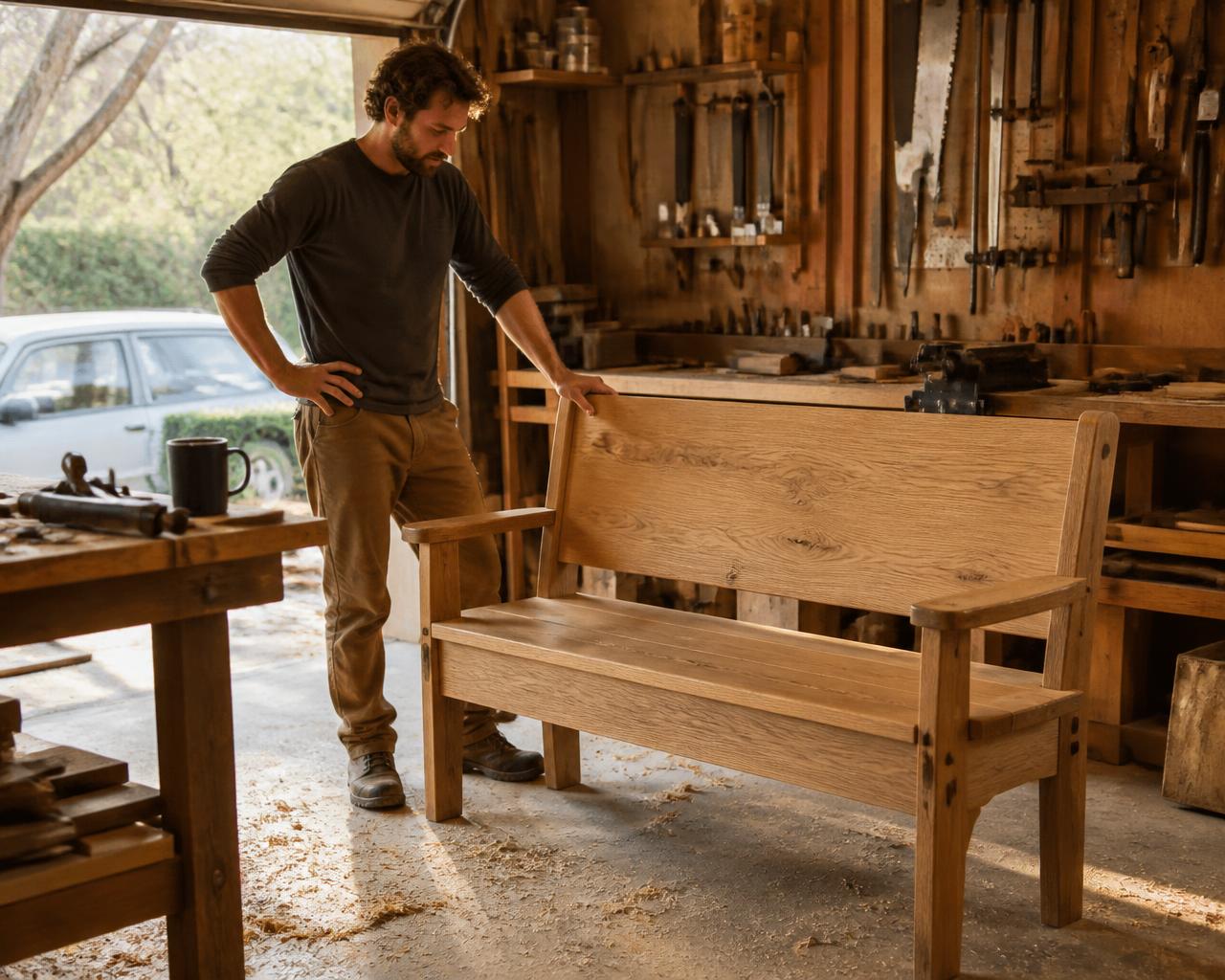 Woodworker standing beside a handmade oak bench in a home garage workshop