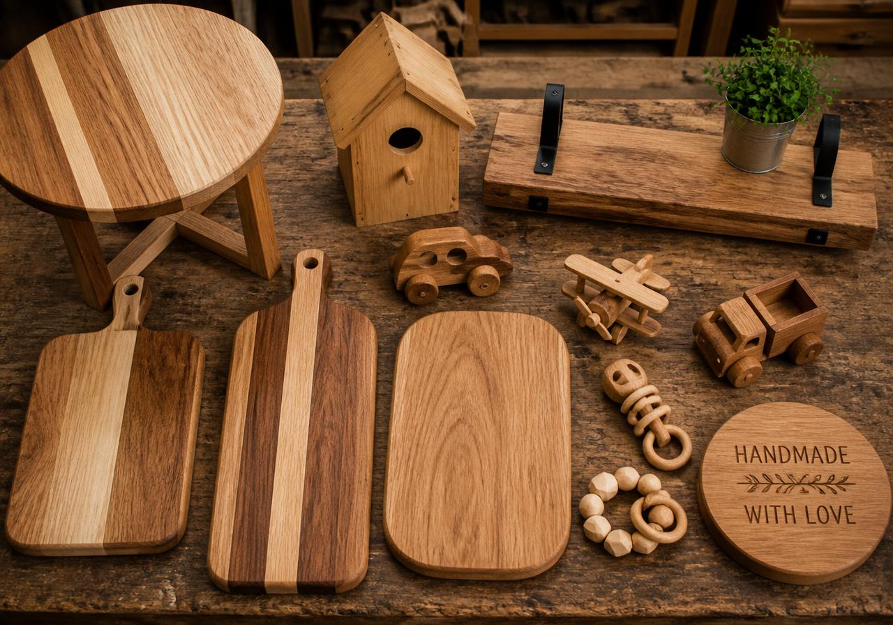 Handmade wooden cutting boards, shelves, stool and toys laid out on a workbench