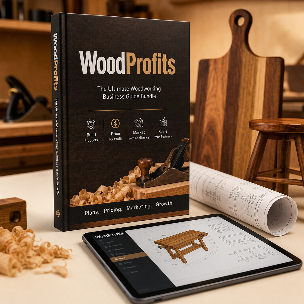 WoodProfits guide book, tablet with woodworking plans, and blueprint sheets
